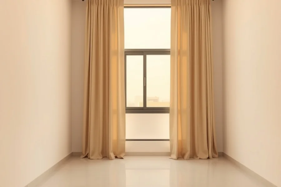 A tall near floor-to-ceiling window with wave-heading curtains hanging from a ceiling-recessed track, pale stone floor