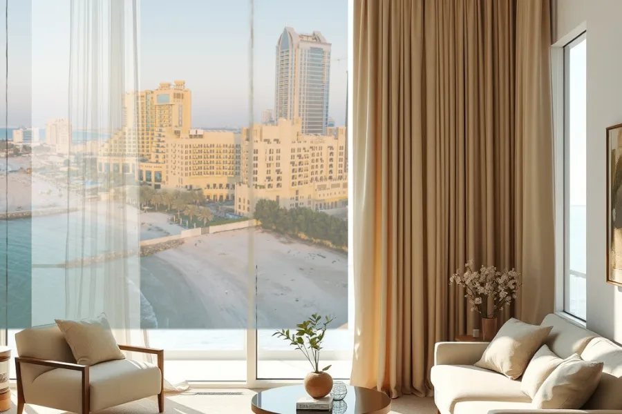 Illustrative view: a room with made-to-measure curtains and the Ajman beachfront beyond the window