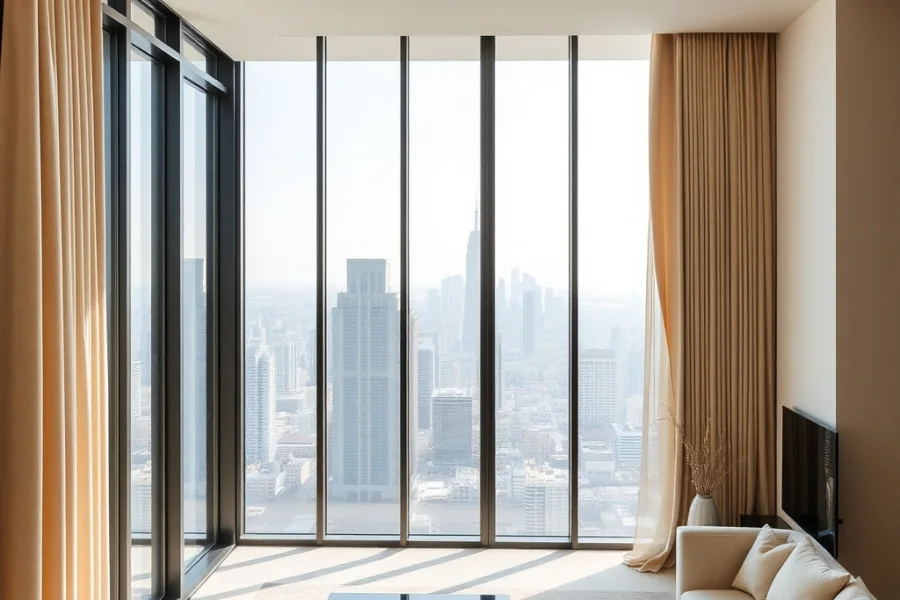 A high-rise living room with floor-to-ceiling glazing, full-length curtains held open at both sides and a city view beyond the glass