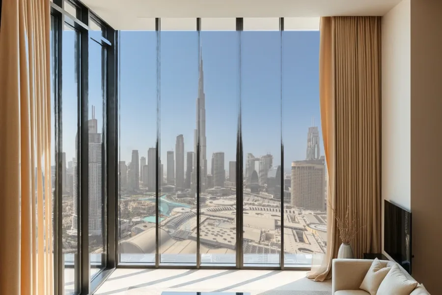 Illustrative view: a room with made-to-measure curtains and the Burj Khalifa and Downtown Dubai beyond the window