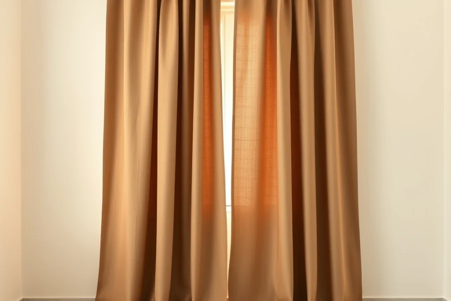 Blackout curtains closed across a bedroom window in the early morning, the two panels overlapping at the centre