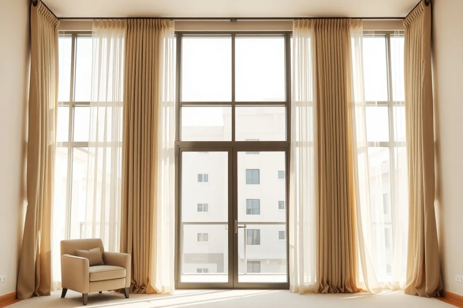 A wide living room window with a ceiling track running past both edges of the glass, sheer and heavier curtains stacked open at both ends