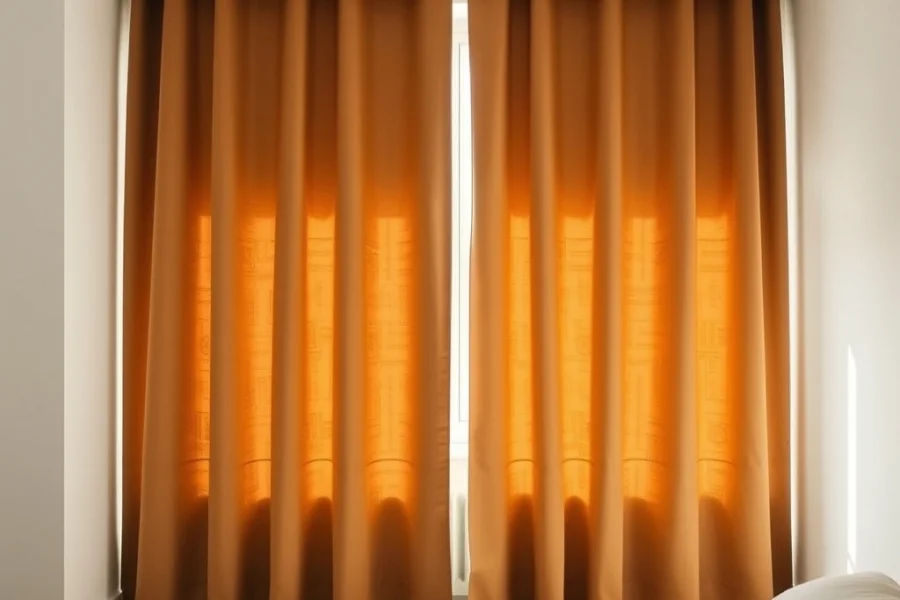 Heavy floor-length blackout curtains drawn closed across a bedroom window wall, strong daylight behind the fabric