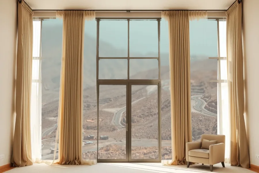 Illustrative view: a room with made-to-measure curtains and the Jebel Jais mountain road beyond the window