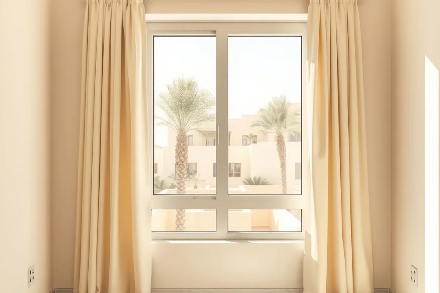 A window set back in a deep plastered reveal, floor-length curtains held open at both sides, palms and low villas outside