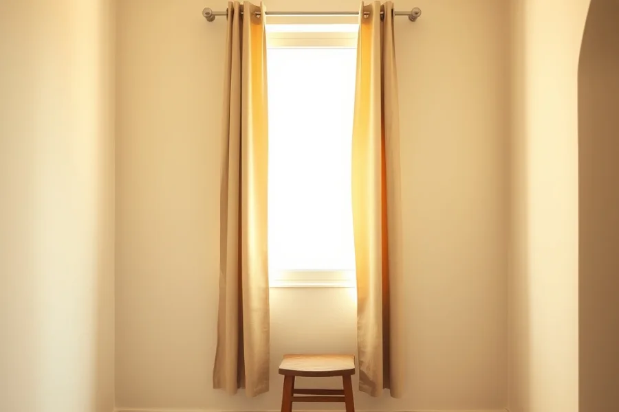 A smaller square window in a thick plastered wall, floor-length curtains cut to fit the opening and held open at both sides