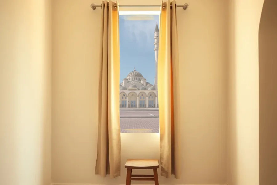 Illustrative view: a room with made-to-measure curtains and a white mosque in Umm Al Quwain beyond the window