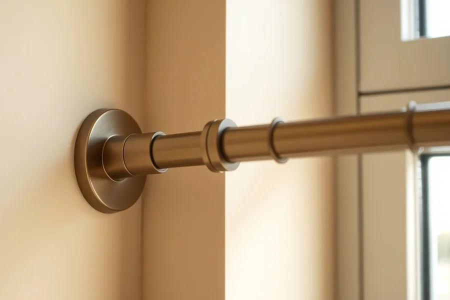 A metal bracket fixed to a wall carrying a curtain pole