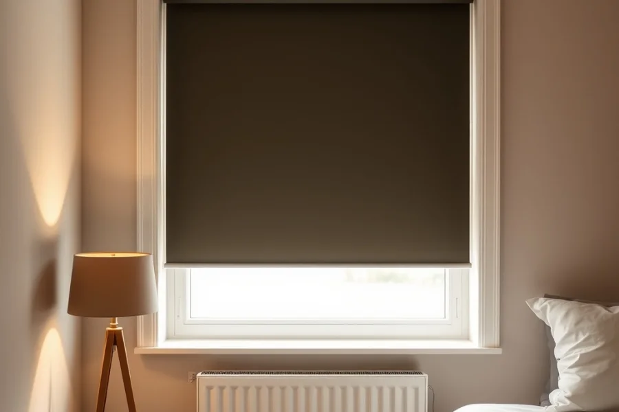 A dark roller blind fitted inside a window reveal with daylight showing along the bottom edge
