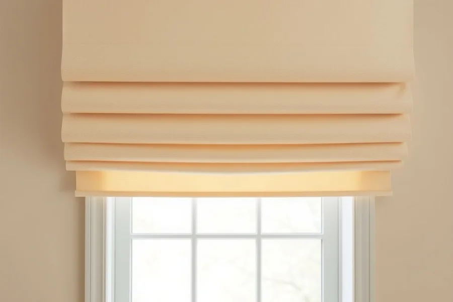 A roman blind in soft fabric raised above a bright window