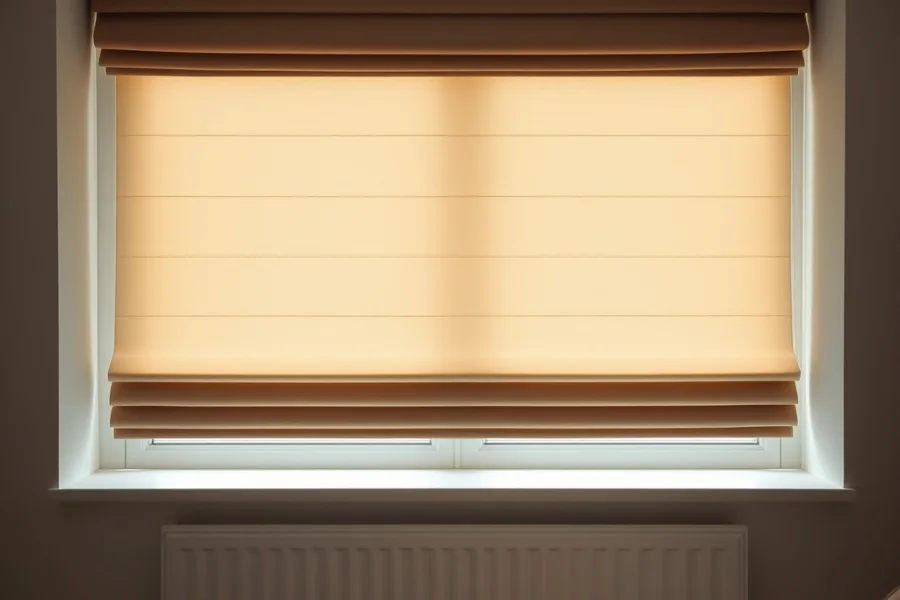 A lined roman blind covering a window in even horizontal folds