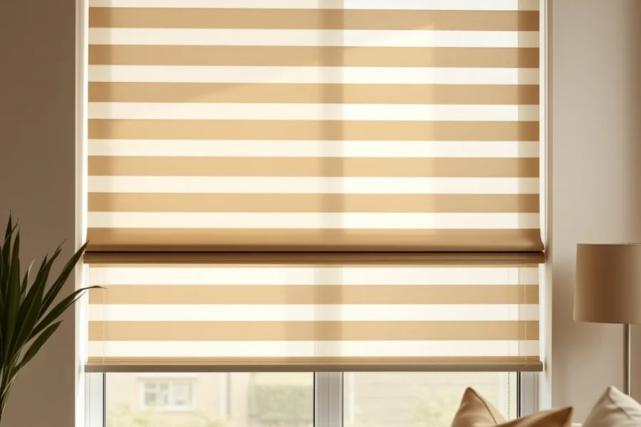 Zebra blind banded fabric filtering daylight in a living room