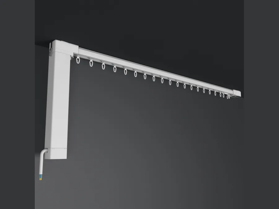 White motorised curtain track with the motor unit fitted at one end
