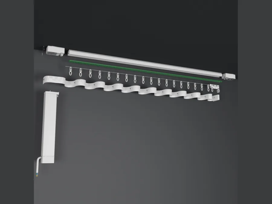 Full length of a white electric curtain track with motor and runners