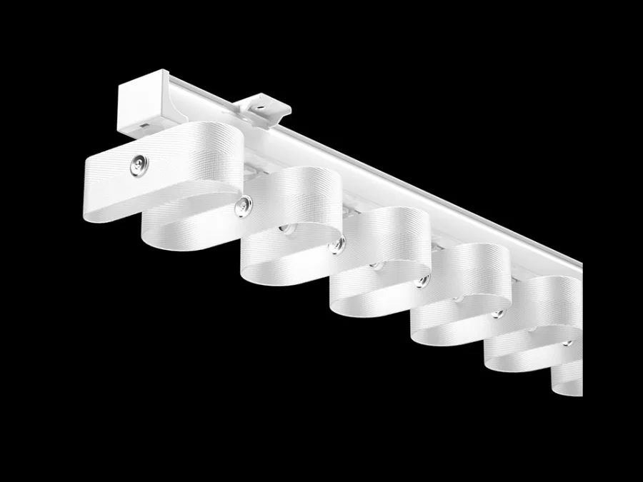 White curtain heading tape fitted with plastic runner clips
