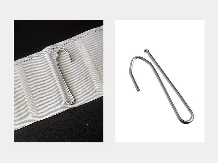 White hook curtain tape with a metal curtain hook