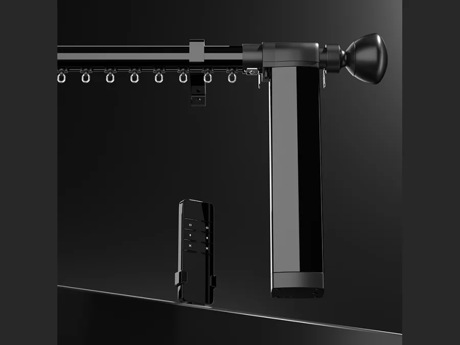 Black motorised curtain rod with a decorative finial and wall-mounted motor