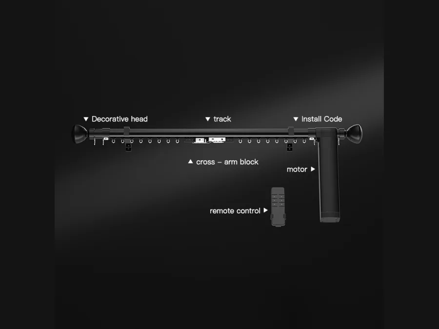 Parts of a motorised curtain rod: decorative head, track, cross-arm block, motor and remote control