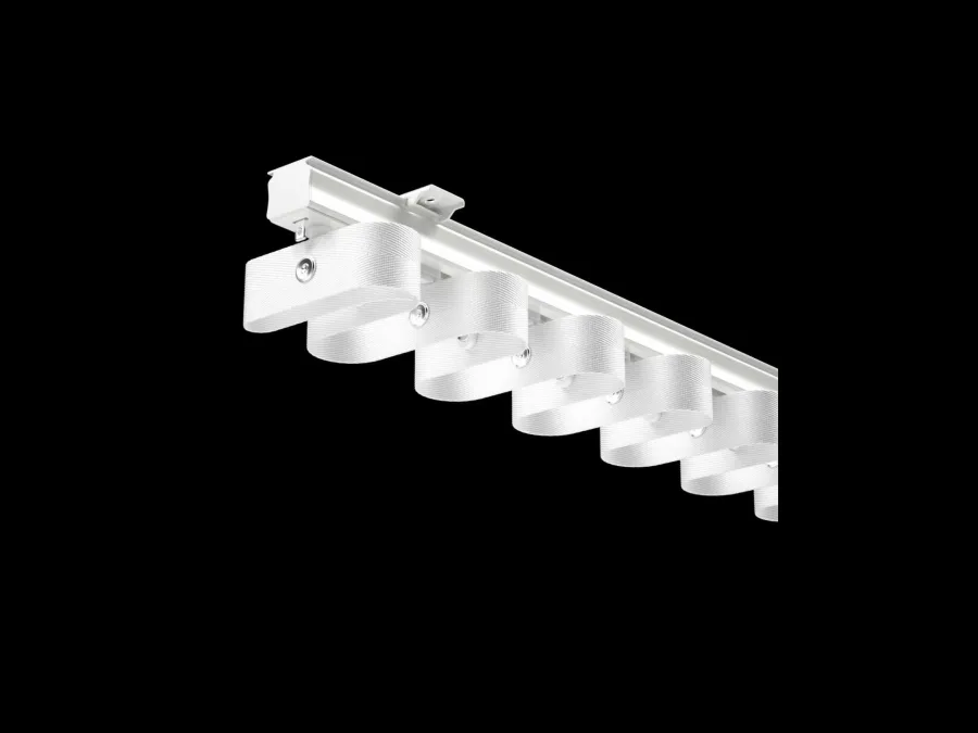 Section of white curtain track carrying a row of runners
