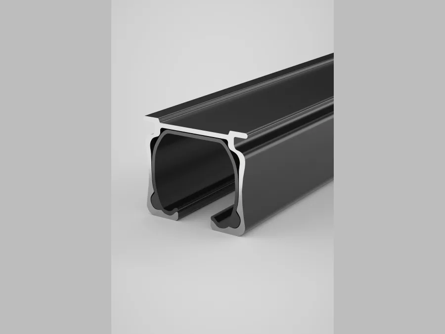 Black aluminium curtain track profile shown end-on