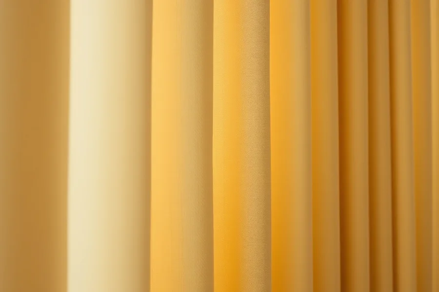 Close crop of a heavy cream curtain hanging in deep even gathered folds