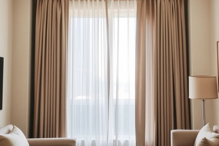 A living room window with a sheer curtain drawn across the glass and heavier floor-length curtains held open at both sides