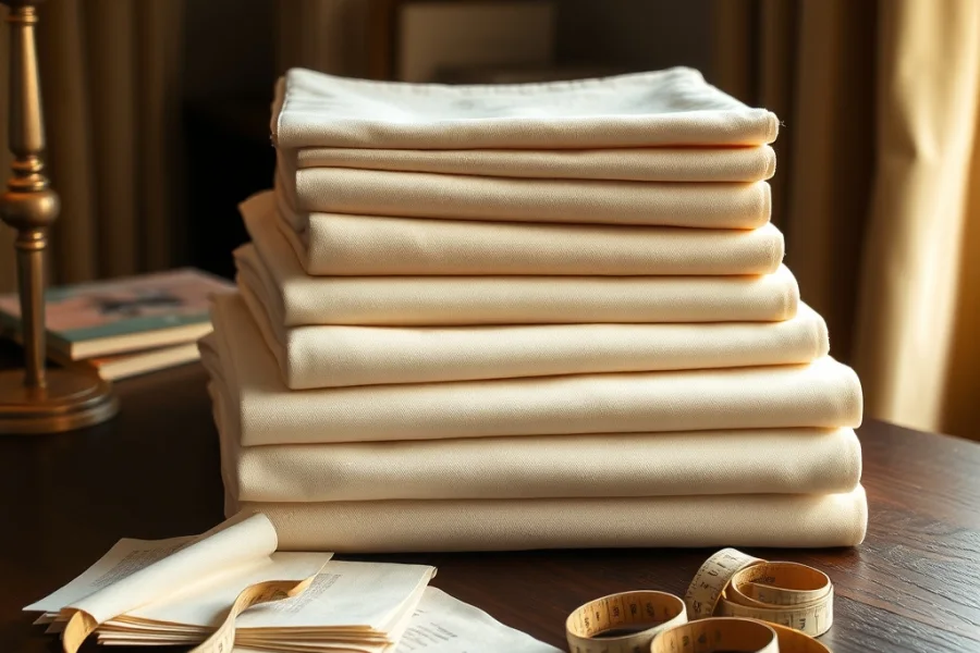 A neat stack of folded cream curtain fabrics on a dark wooden table with tape measures beside them