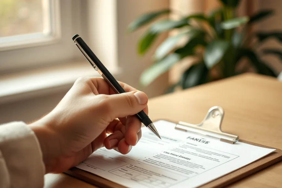 A hand holding a pen over a printed form on a clipboard on a table