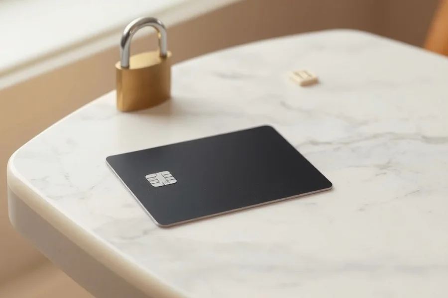 A plain unbranded bank card on a marble table beside a small brass padlock