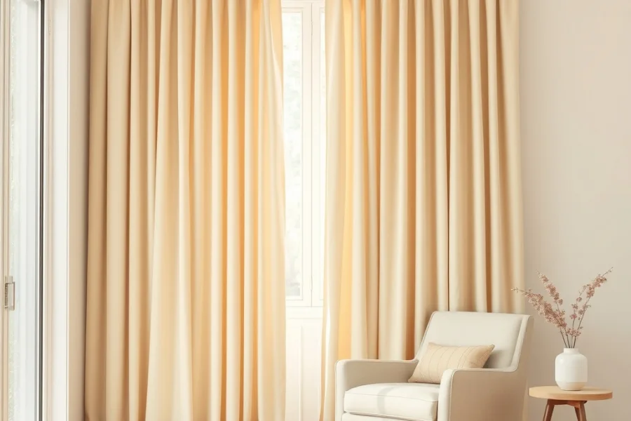 Full length cream curtains hanging in even folds beside an armchair and a small side table