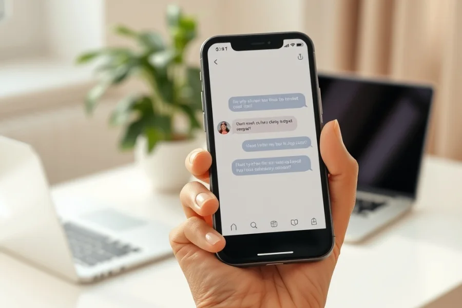 A phone showing a short message conversation on a bright desk