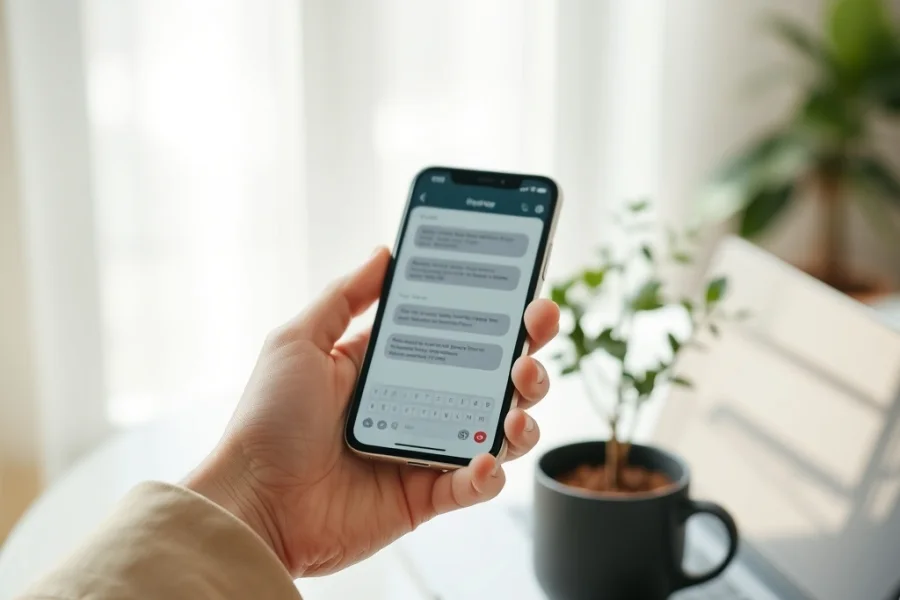 A hand holding a phone open on a short message conversation, sheer curtains and a houseplant behind