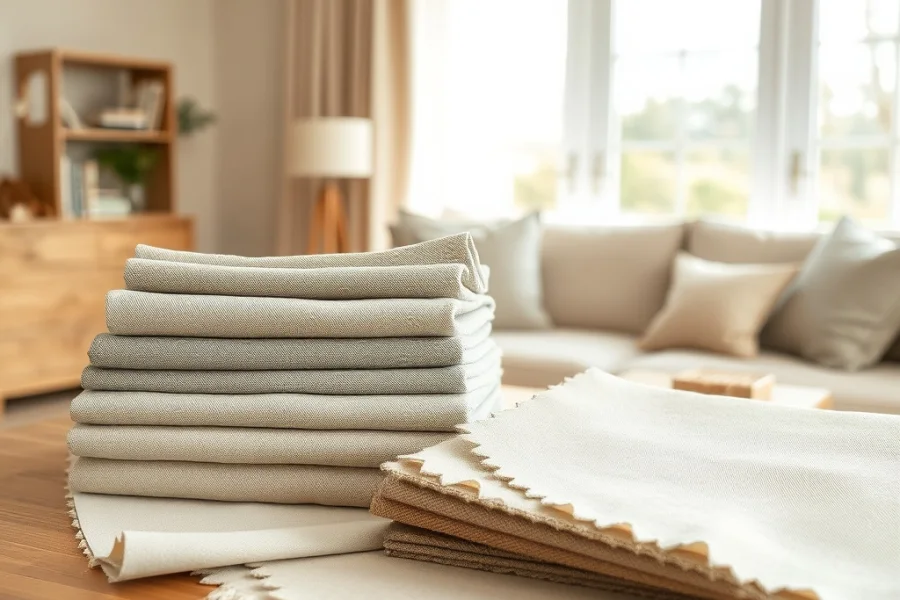 Folded curtain fabric samples in neutral tones stacked on a table