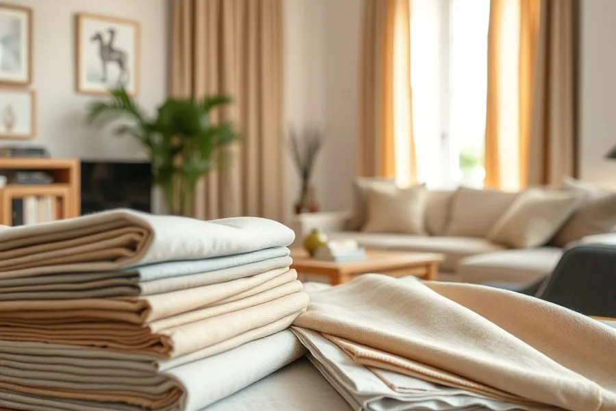 Folded lengths of curtain fabric in creams and taupes stacked in a living room, curtains at the window behind