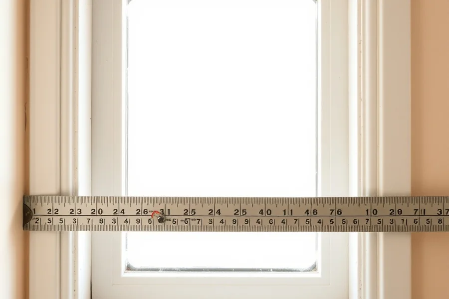 A steel tape measure extended across the width of a window reveal