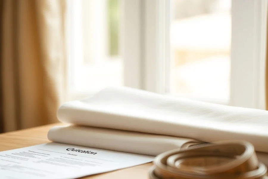 A printed quotation headed Quotation on a wooden table with a folded cream fabric length beside it, window light behind