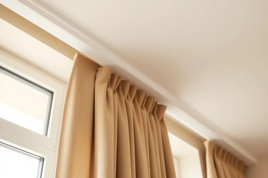 Curtains hanging in even pleats from a track fixed along a ceiling