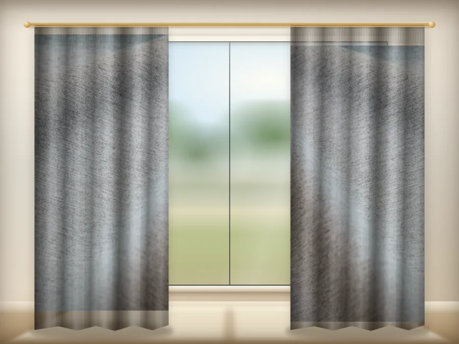 Ash Gray curtains drawn across a window in a plain room — a visualisation built from the catalogue 301 shade 301-18 photograph