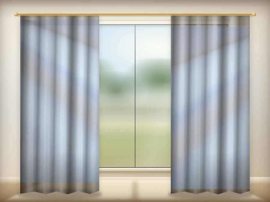 Bright White curtains drawn across a window in a plain room — a visualisation built from the catalogue 301 shade 301-01 photograph