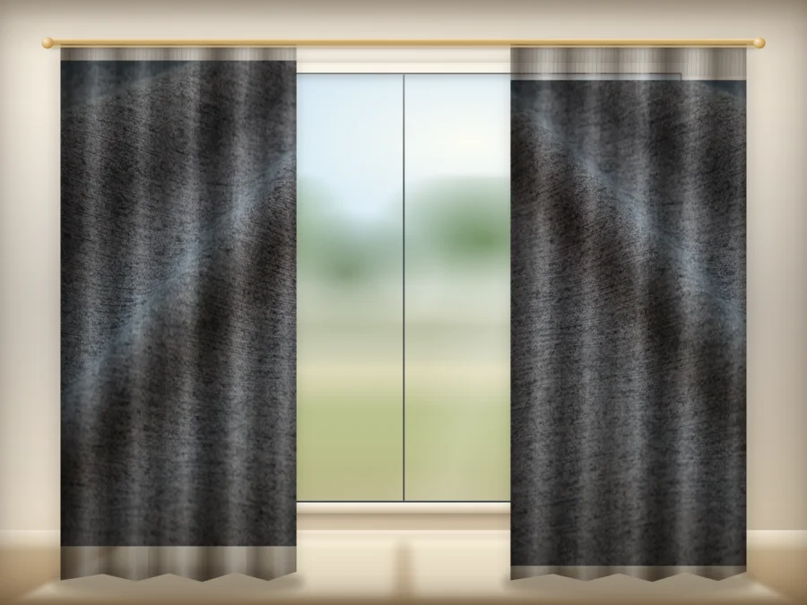 Charcoal Gray curtains drawn across a window in a plain room — a visualisation built from the catalogue 301 shade 301-22 photograph