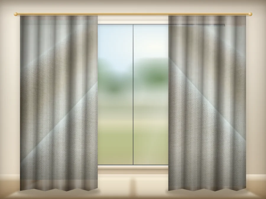 Cream Yellow curtains drawn across a window in a plain room — a visualisation built from the catalogue 301 shade 301-04 photograph