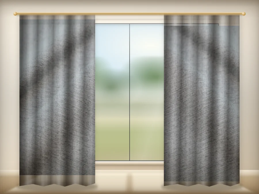 Dove Gray curtains drawn across a window in a plain room — a visualisation built from the catalogue 301 shade 301-17 photograph