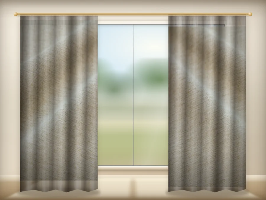Dusty Yellow curtains drawn across a window in a plain room — a visualisation built from the catalogue 301 shade 301-07 photograph
