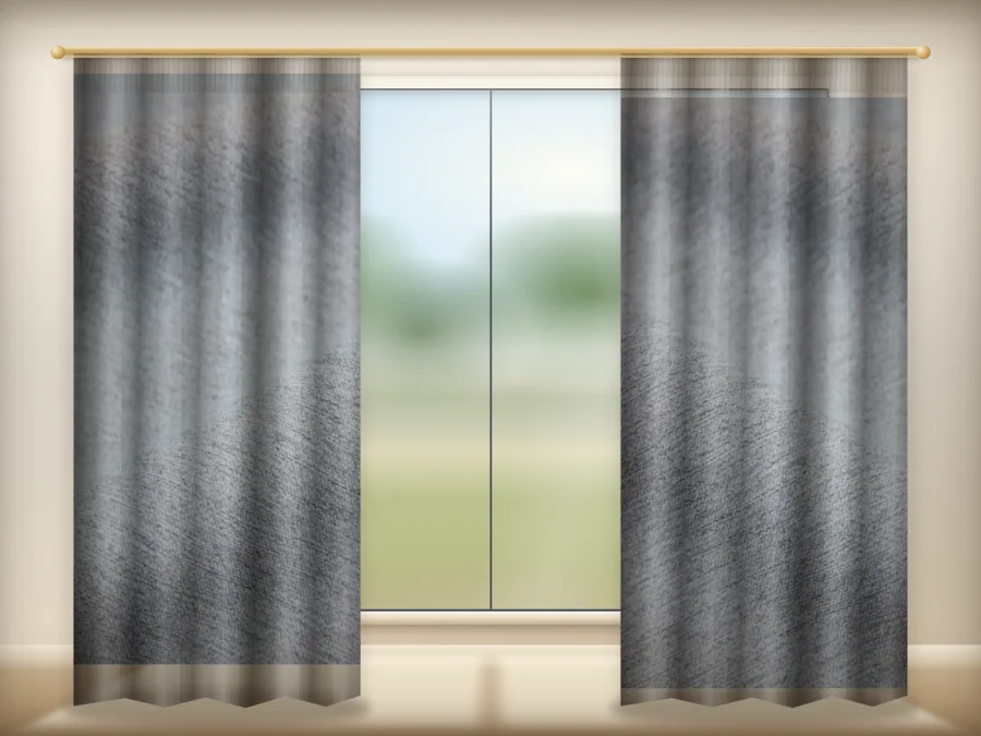 Greige curtains drawn across a window in a plain room — a visualisation built from the catalogue 301 shade 301-19 photograph