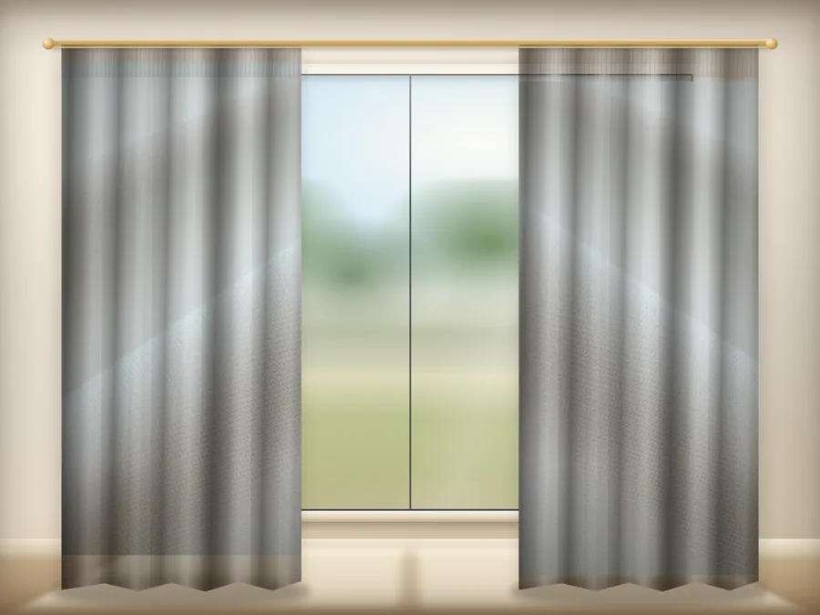 Ivory White curtains drawn across a window in a plain room — a visualisation built from the catalogue 301 shade 301-02 photograph