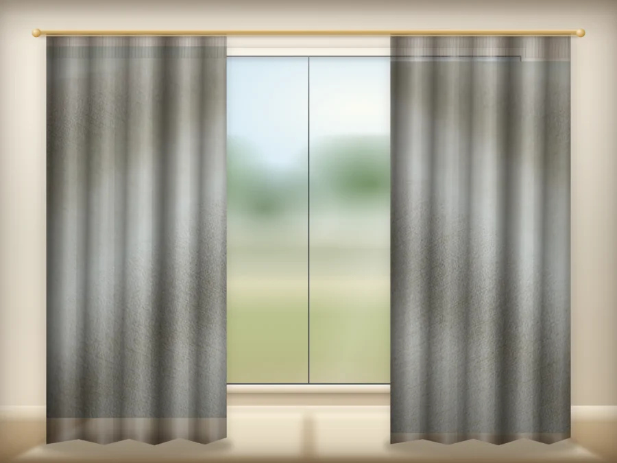 Oat Apricot curtains drawn across a window in a plain room — a visualisation built from the catalogue 301 shade 301-12 photograph