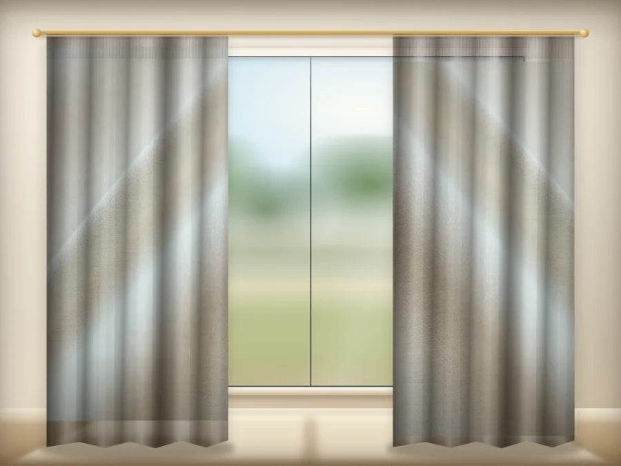 Oatmeal curtains drawn across a window in a plain room — a visualisation built from the catalogue 301 shade 301-03 photograph
