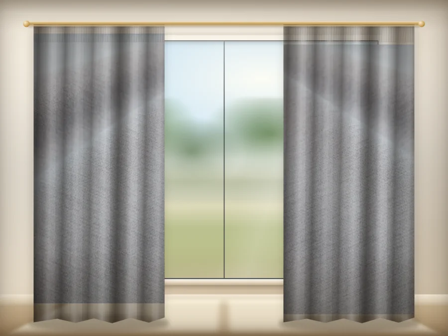 Pale Gray curtains drawn across a window in a plain room — a visualisation built from the catalogue 301 shade 301-16 photograph
