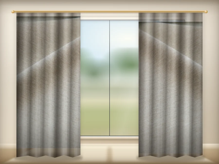 Sand Beige curtains drawn across a window in a plain room — a visualisation built from the catalogue 301 shade 301-06 photograph