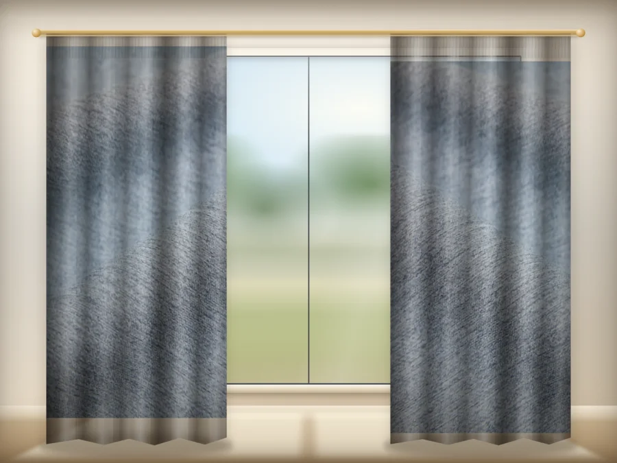 Silver Gray curtains drawn across a window in a plain room — a visualisation built from the catalogue 301 shade 301-20 photograph